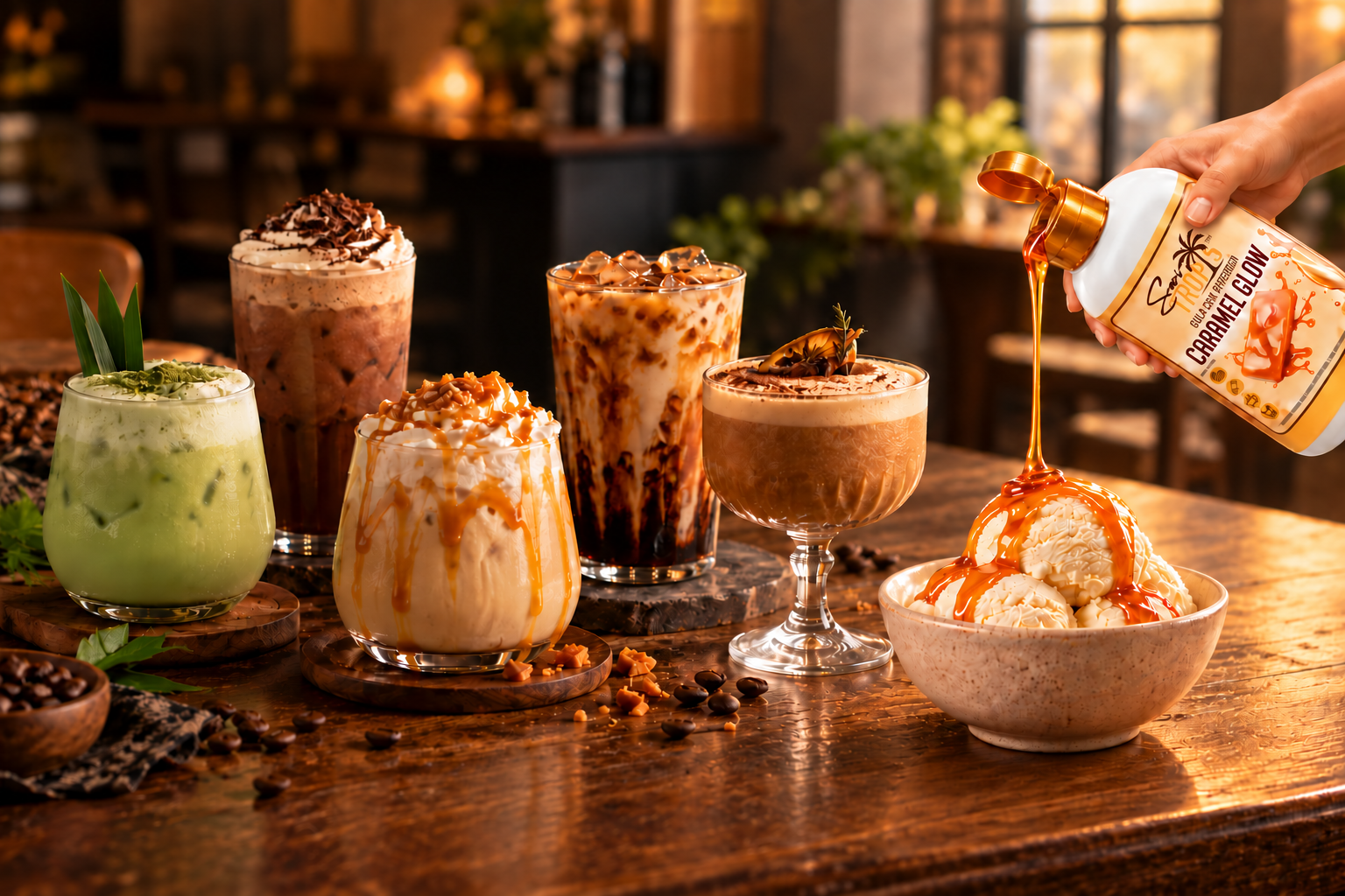 Kreasi minuman pandan, mocha, caramel, dan kopi dengan es krim yang dituangi sirup Sari Tropis Caramel Glow di sebuah kafe
